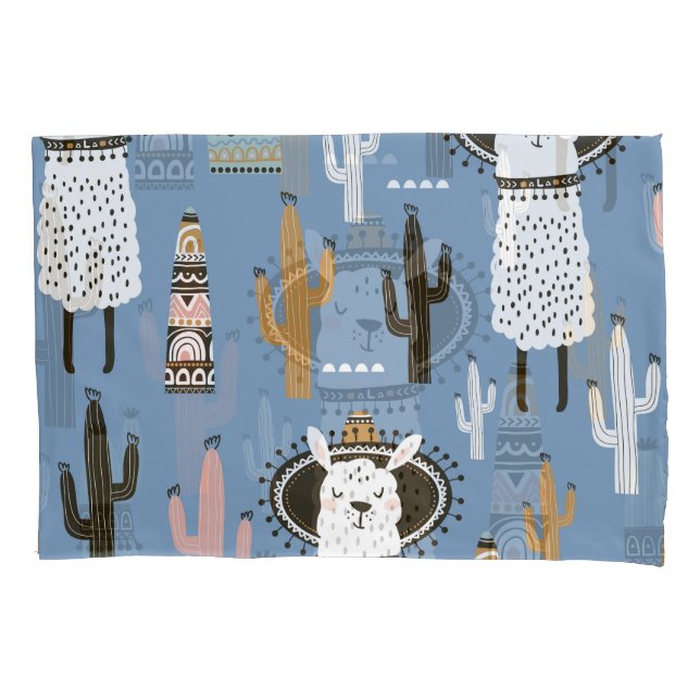 Llama, Cactus, Hand-Drawn Elements Pattern. Pillow Case (Front)