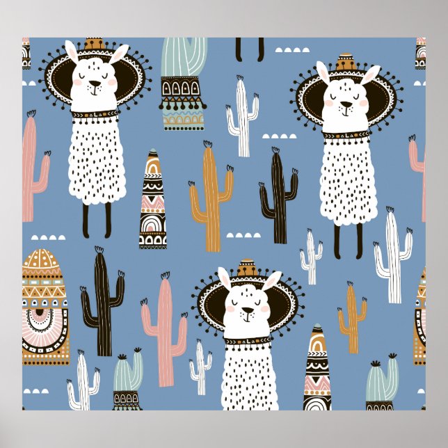 Llama, Cactus, Hand-Drawn Elements Pattern. Poster (Front)