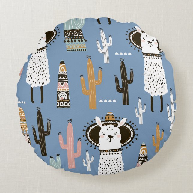 Llama, Cactus, Hand-Drawn Elements Pattern. Round Pillow (Front)