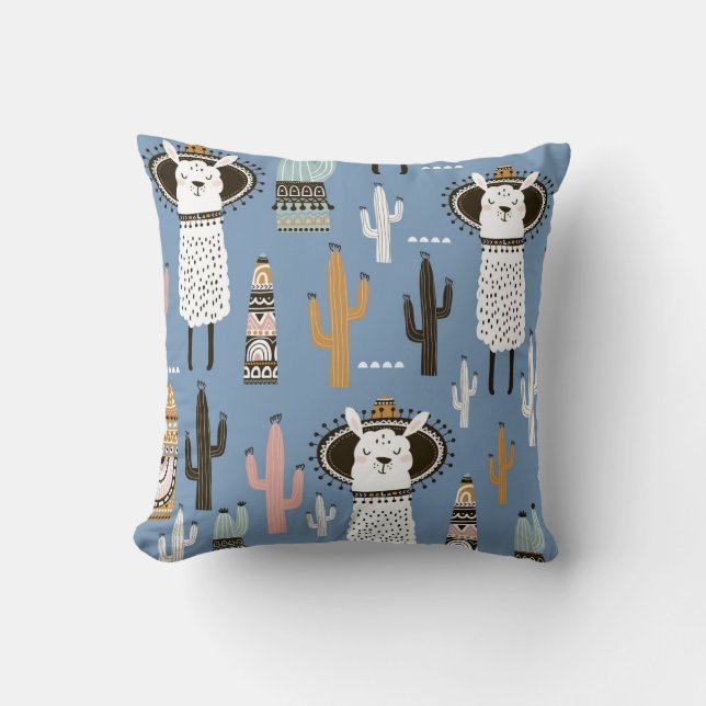Llama, Cactus, Hand-Drawn Elements Pattern. Throw Pillow (Front)