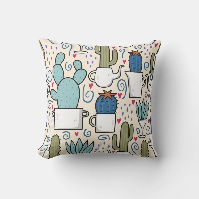 Llama Cactus: Hand-Drawn Seamless Design Throw Pillow (Front)