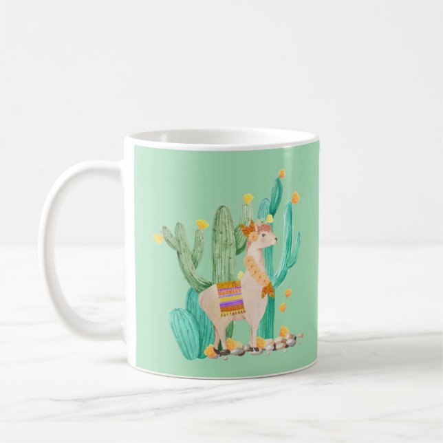 Llama & Cactus Mint Green Coffee Mug (Left)