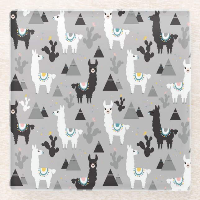 Llama cactus mountains, seamless pattern. glass coaster (Front)