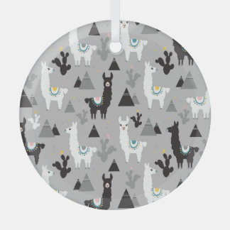 Llama cactus mountains, seamless pattern. glass ornament