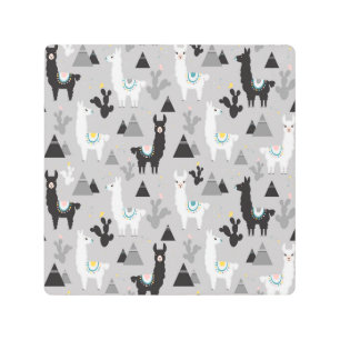 Llama cactus mountains, seamless pattern. metal print