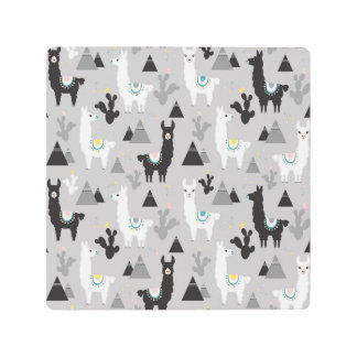 Llama cactus mountains, seamless pattern. metal print