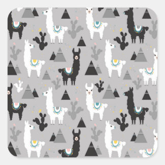 Llama cactus mountains, seamless pattern. square sticker