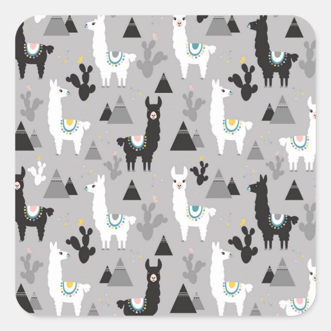 Llama cactus mountains, seamless pattern. square sticker (Front)