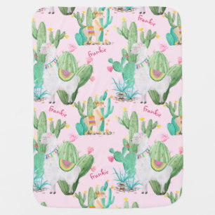 Llama & Cactus Pattern - Pastel Pink Personalized Baby Blanket