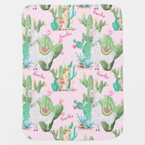 Llama  Cactus Pattern _ Pastel Pink Personalized Baby Blanket