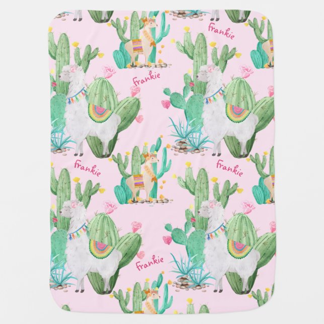 Llama & Cactus Pattern - Pastel Pink Personalized Baby Blanket (Front)