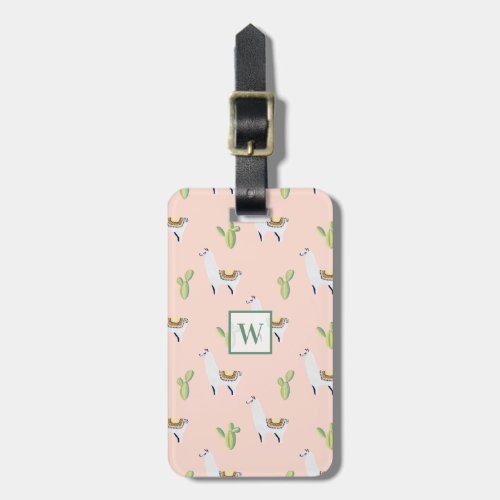 Llama  Cactus Pattern Pink  Green Monogram Luggage Tag