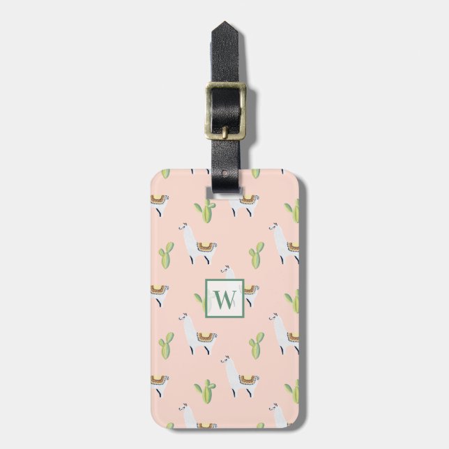 Llama & Cactus Pattern Pink & Green Monogram Luggage Tag (Front Vertical)