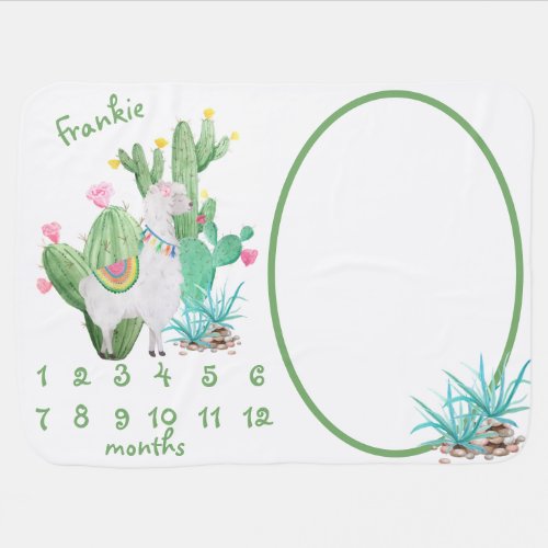 Llama  Cactus _ Personalized Monthly Milestone Baby Blanket