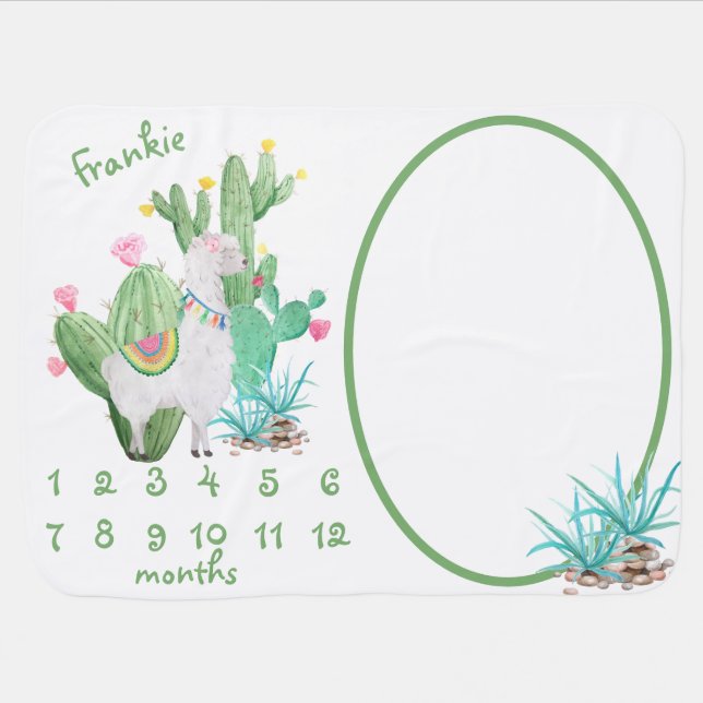 Llama & Cactus - Personalized Monthly Milestone Baby Blanket (Horizontal)