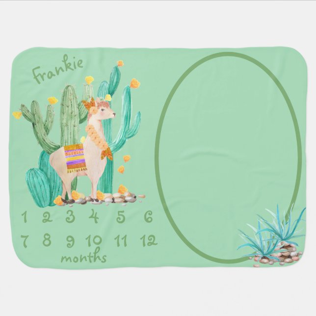 Llama & Cactus - Personalized Monthly Milestone Baby Blanket (Horizontal)