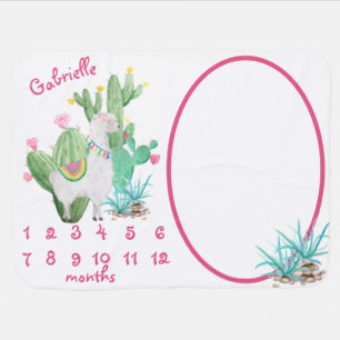 Llama & Cactus - Pink & White Custom Milestone Baby Blanket