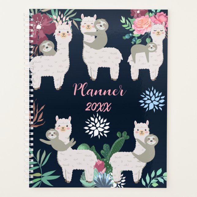 Llama Cactus Watercolor Blue Personalized Planner (Front)
