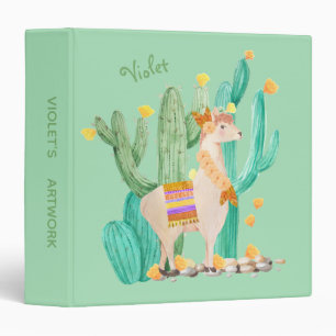 Llama & Cactus Watercolor Mint Green Add your Name 3 Ring Binder