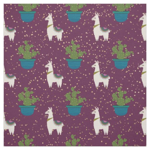 Llama, Catcus and Stars on Purple Fabric
