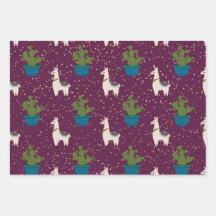 Llama, Catcus and Stars on Purple Wrapping Paper Sheets