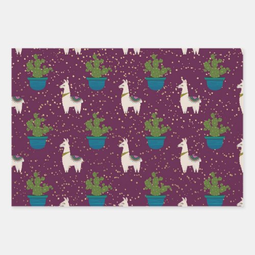 Llama Catcus and Stars on Purple Wrapping Paper Sheets