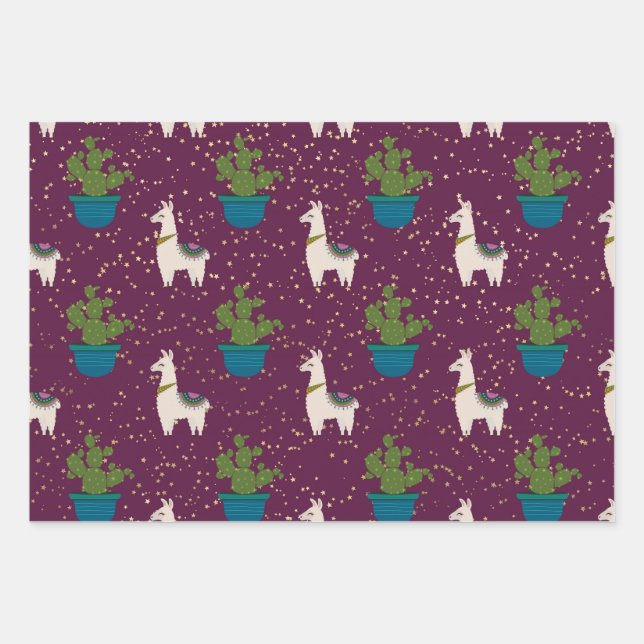 Llama, Catcus and Stars on Purple Wrapping Paper Sheets (Front)