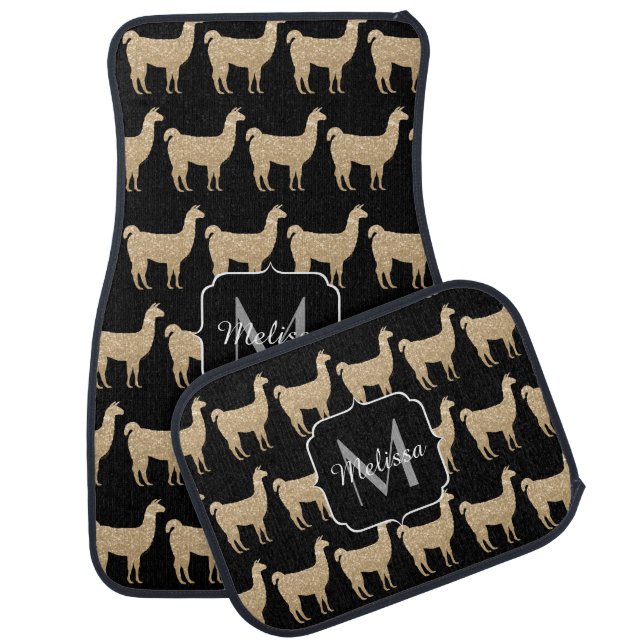 Llama Champagne Gold Sparkles pattern Monogram Car Floor Mat (Set)