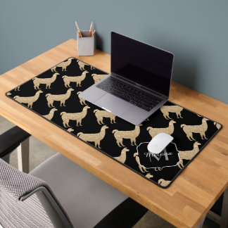 Llama Champagne Gold Sparkles pattern Monogram Desk Mat