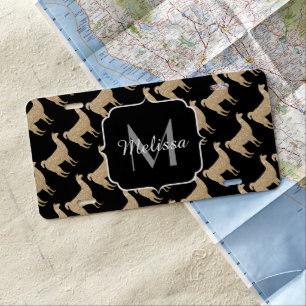 Llama Champagne Gold Sparkles pattern Monogram License Plate