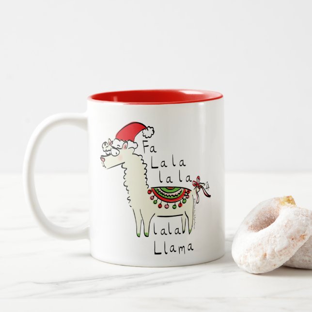Llama Christmas Kids Cute Funny Two-Tone Coffee Mug (With Donut)