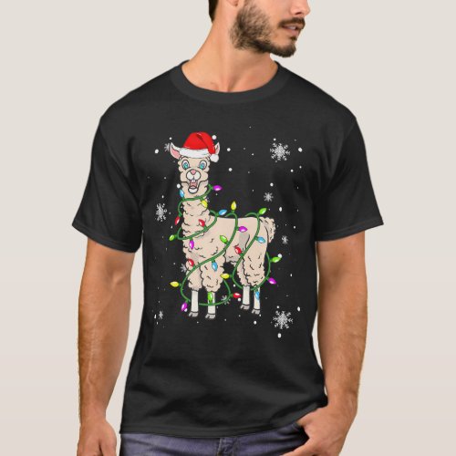 Llama Christmas Lights Led Funny Santa Hat T_Shirt