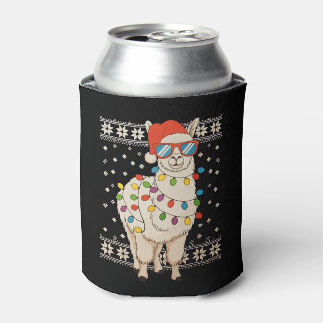 Llama Christmas Lights Ugly Xmas Sweater Holiday Can Cooler (Can Front)