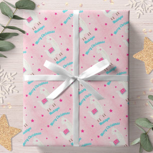 llama Christmas Pink Snow Stars Personalized Wrapping Paper