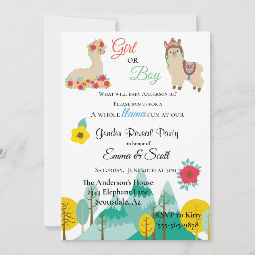 Llama Colorful Gender Reveal Party Invitation