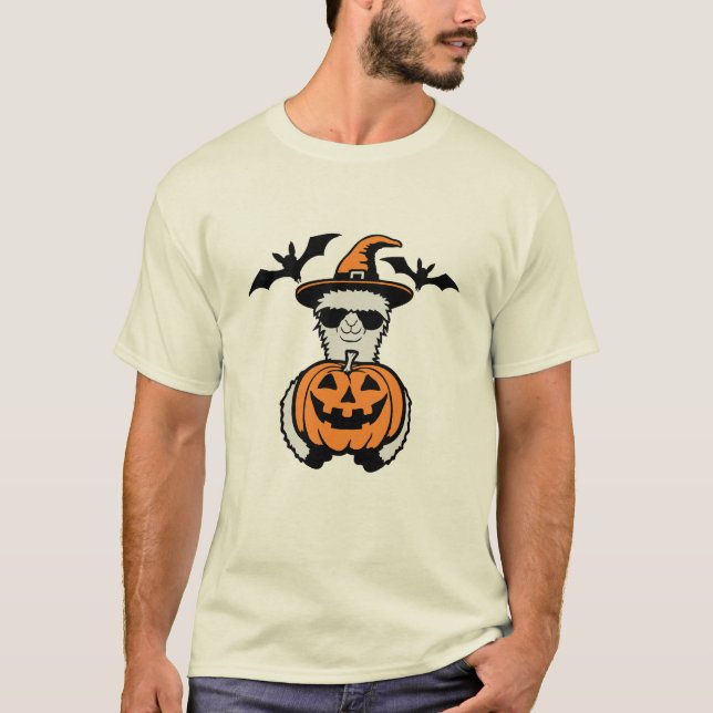 Llama Cool Halloween Pumpkin Sunglasses Witch Hat T-Shirt (Front)