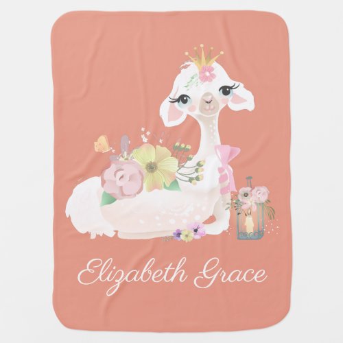 Llama Coral and White with Flowers Girly Baby Blanket