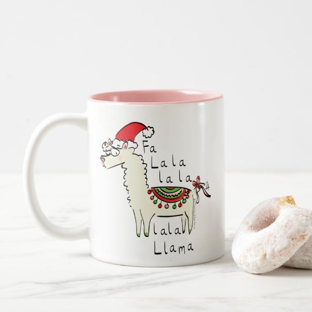 Llama Cute Funny Christmas Holiday Two-Tone Coffee Mug (With Donut)