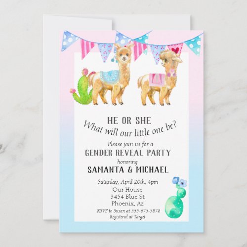 Llama Cute Watercolor Gender Reveal Party Invitation