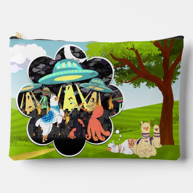 Llama Dreams Llama vs Squid from Outer Space Accessory Pouch (Front)