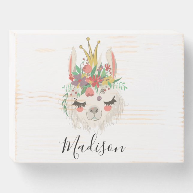 Llama Face With Eyelashes Personalized Name Wooden Wooden Box Sign (Front Horizontal)
