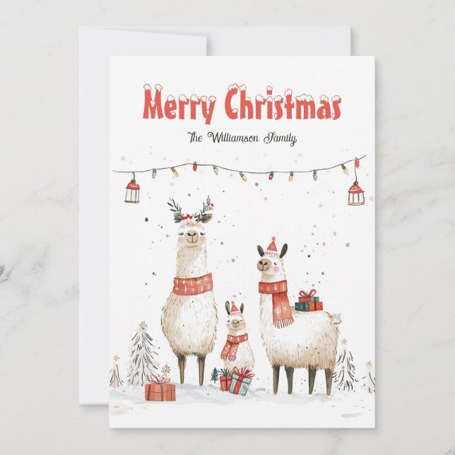 Llama Family of 3 Christmas Holiday Card (Front)