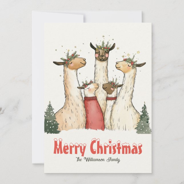 Llama Family of 5 Christmas Holiday Card (Front)