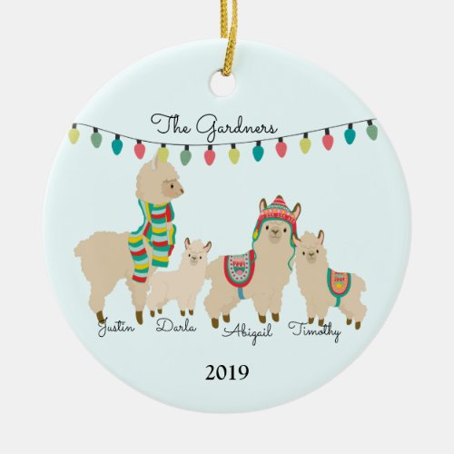 Llama Family of Four Christmas Ceramic Ornament