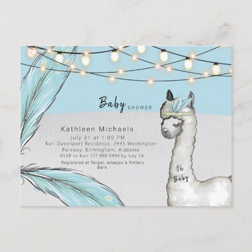 Llama Feather Turquoise Oh Baby Boy Shower Announcement Postcard