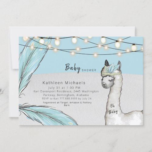 Llama Feather Turquoise Oh Baby Boy Shower Invitation