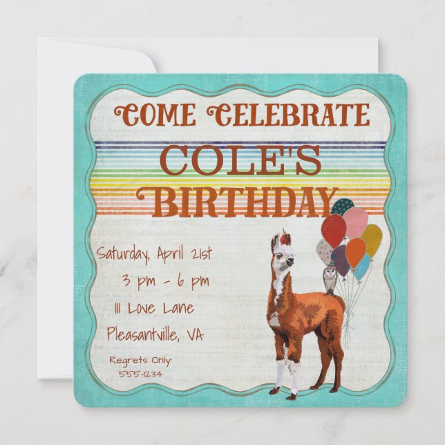 LLAMA & FEATHERS  Birthday Invitation (Front)