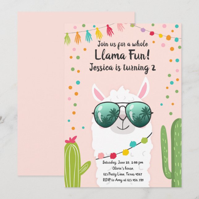 Llama Fiesta Birthday Alpaca Fiesta Pink Girl Invitation (Front/Back)
