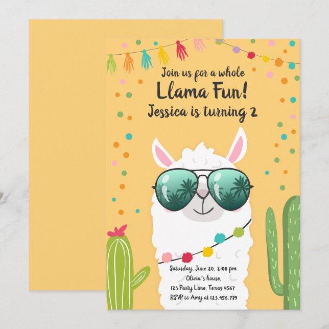 Llama Fiesta Birthday Alpaca Fiesta Yellow Girl Invitation (Front/Back)