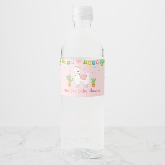 Llama Fiesta Cactus Baby Shower Water Bottle Label (Front)